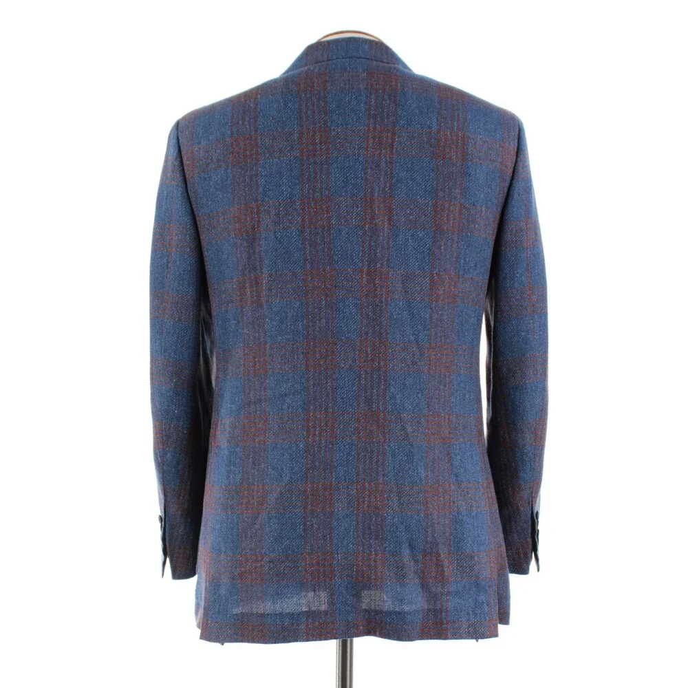 Sartorio Kiton NWT Linen Blend Sport Coat Size 50R 40R US In Blue w/ Brown Plaid